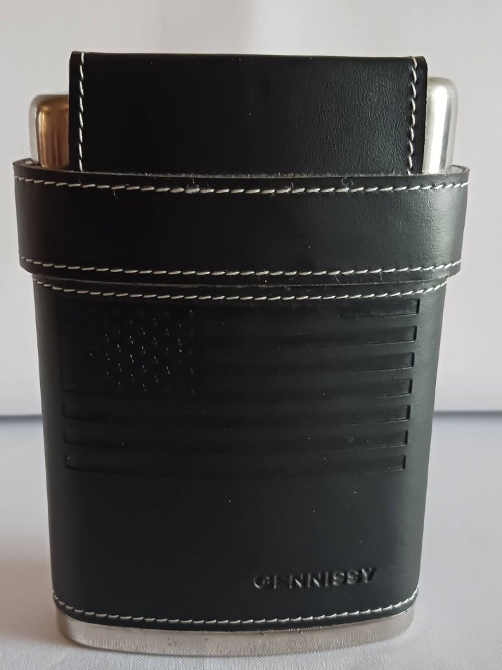 Gennissy 8oz Stainless Steel Hip Flask Wrapped In Black Leather W/American Flag